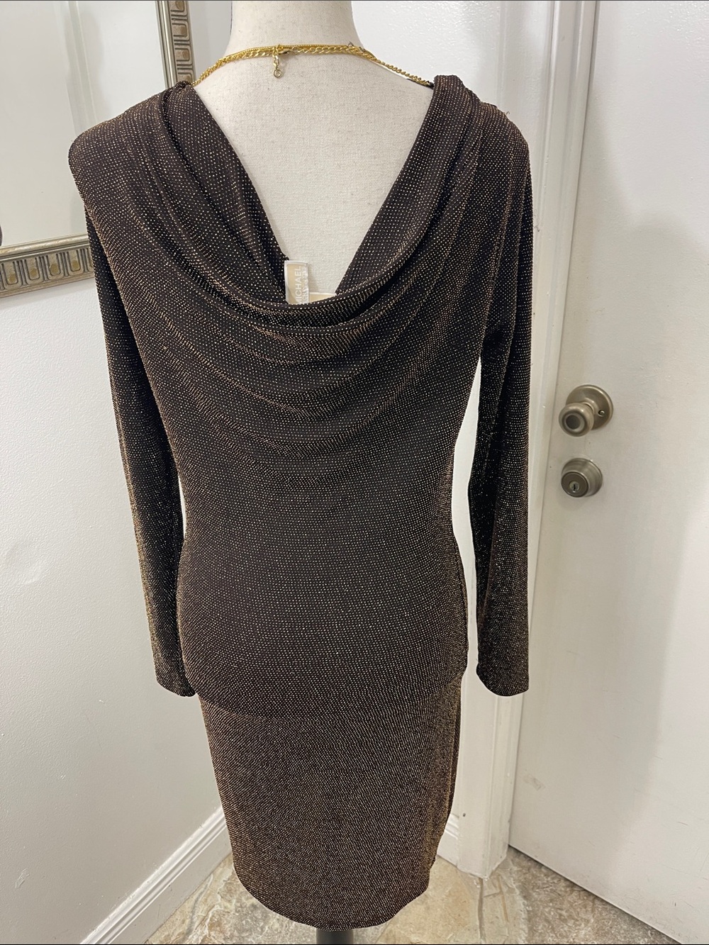 Michael KORS Womens Shimmer Long-Sleeve Bodycon Dress - Brown